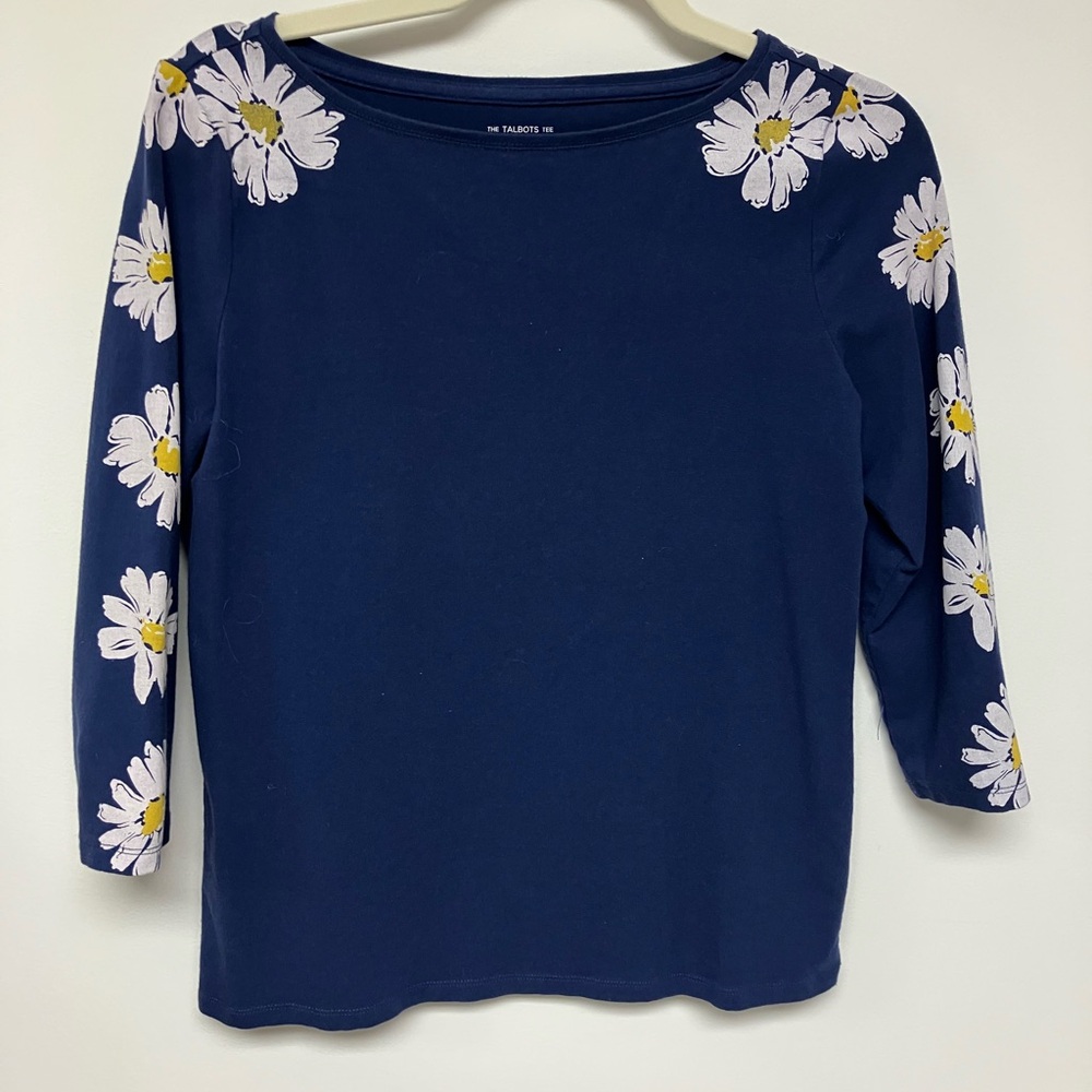 Talbots Navy Blue Top with Floral Accents, MP